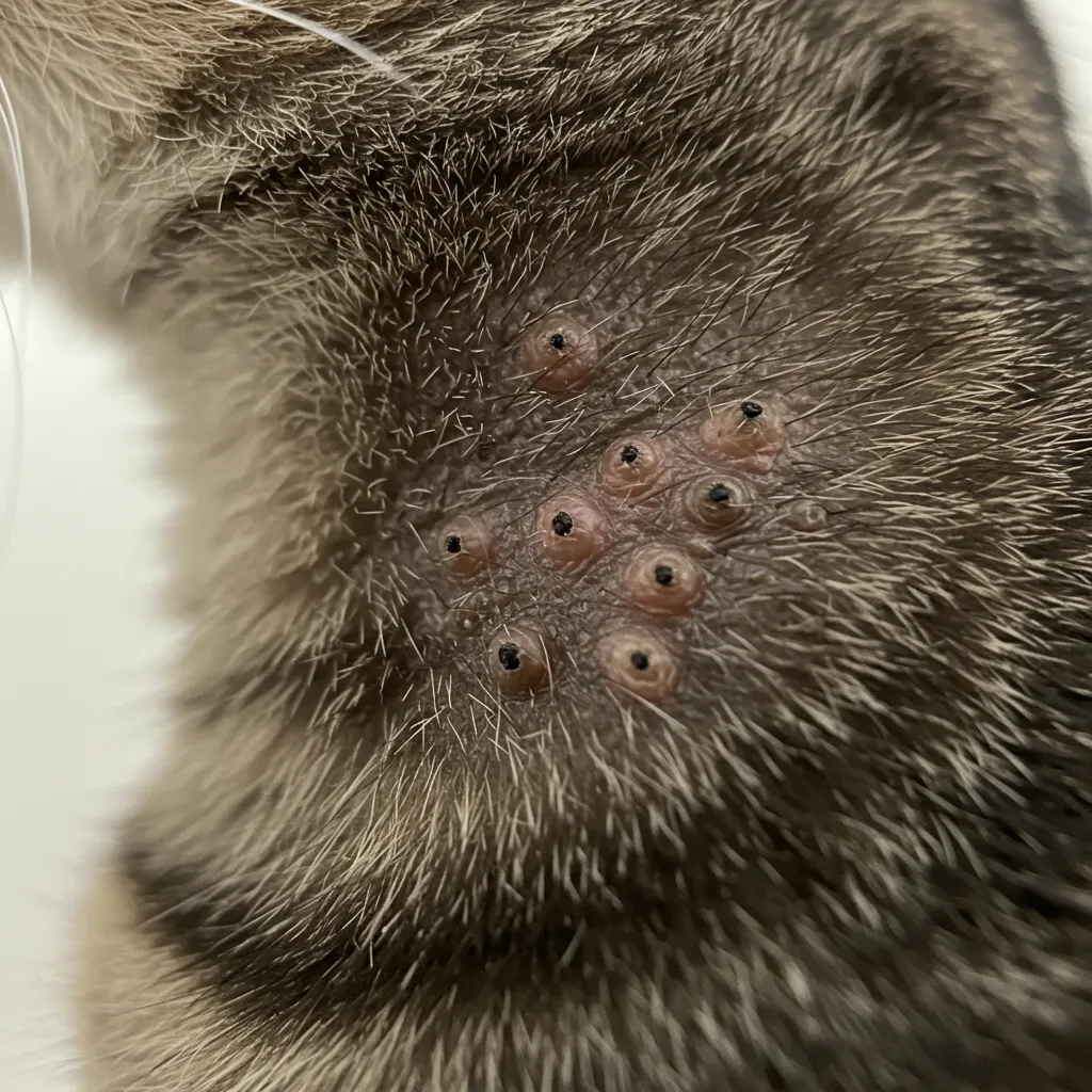 Feline acne on a cat’s neck, showing blackheads and small bumps.
