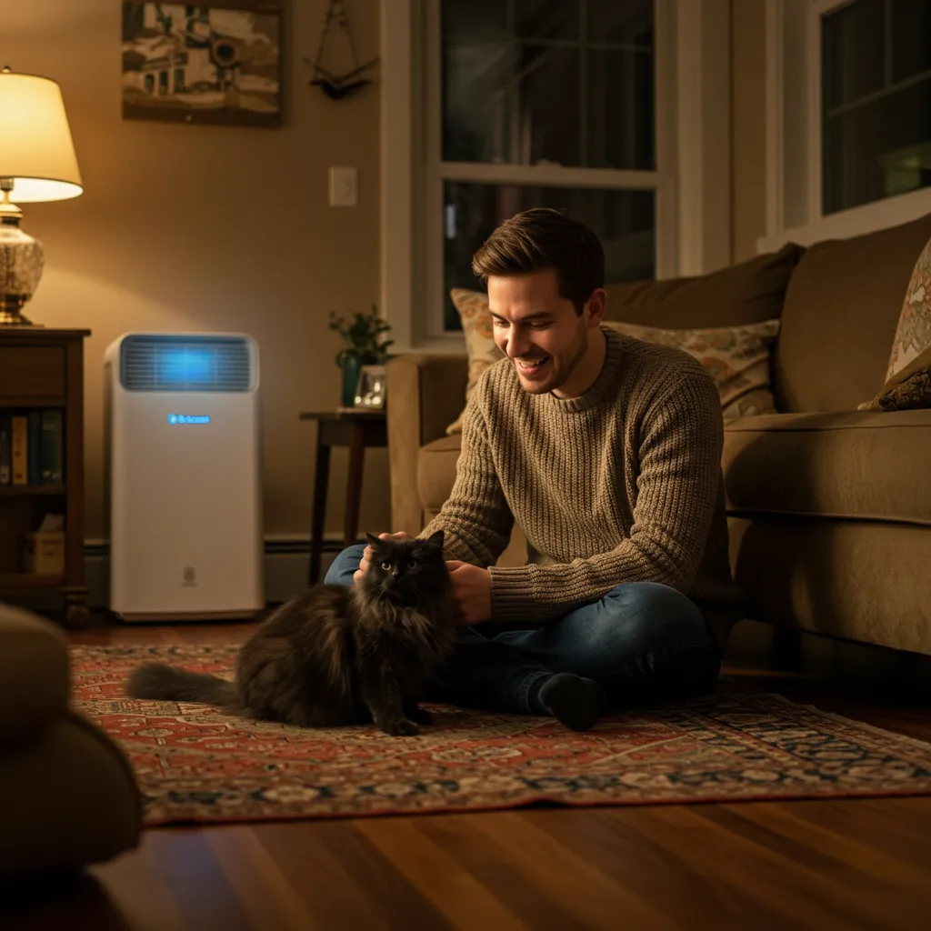 Person petting a cat in a clean, allergy-friendly home with an air purifier.