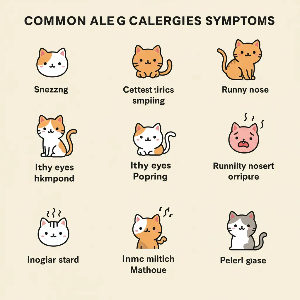 Infographic of cat allergy symptoms with icons for sneezing, itchy eyes, and rashes.