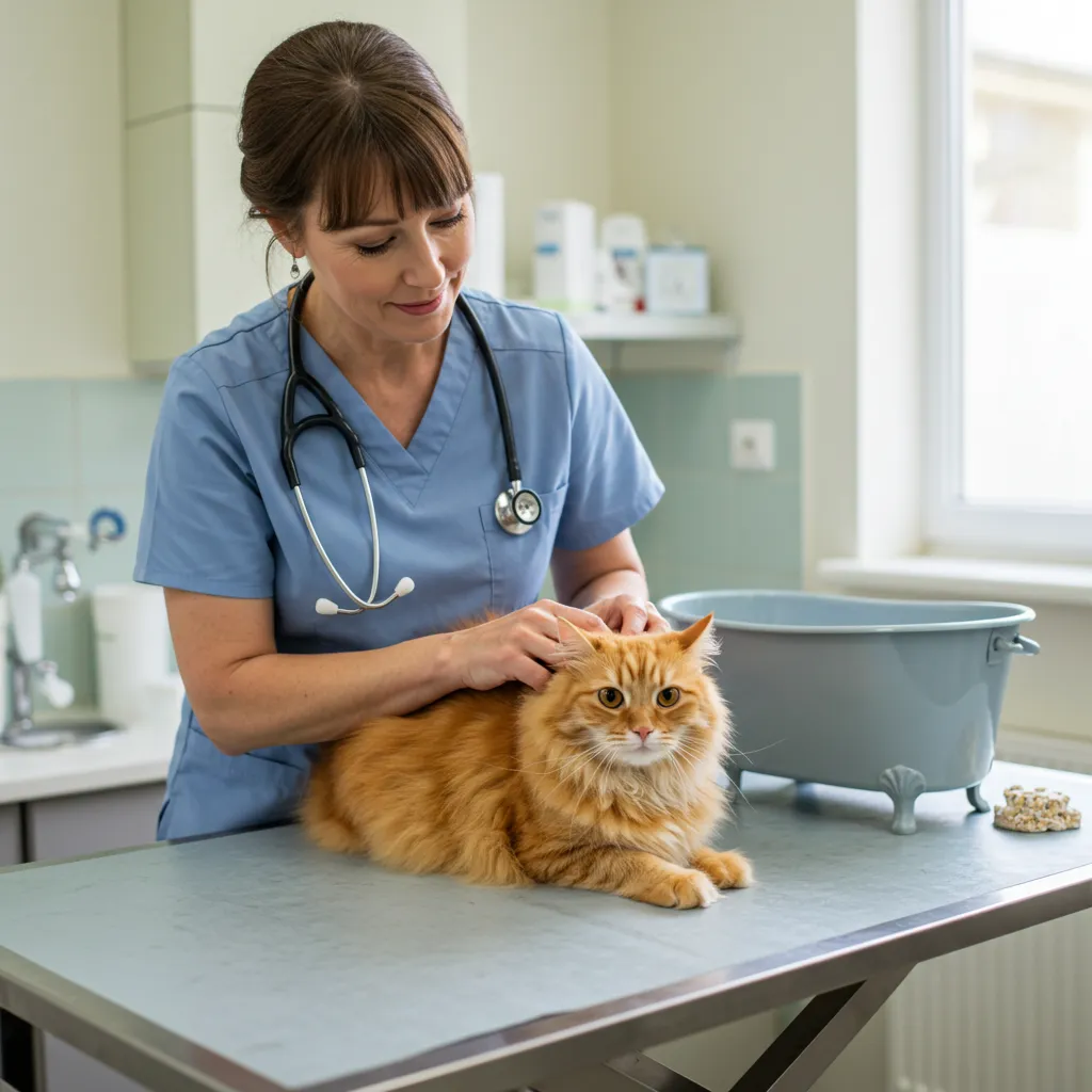 A vet gently examining a cat with a soothing oatmeal bath setup nearby.