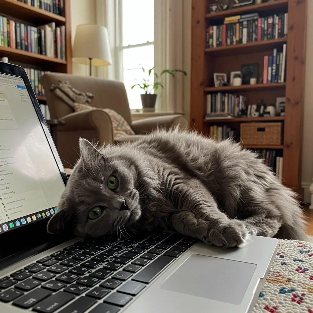My Cat Sit on My Laptop 1 Fluffy cat sitting on a laptop keyboard in a cozy workspace.