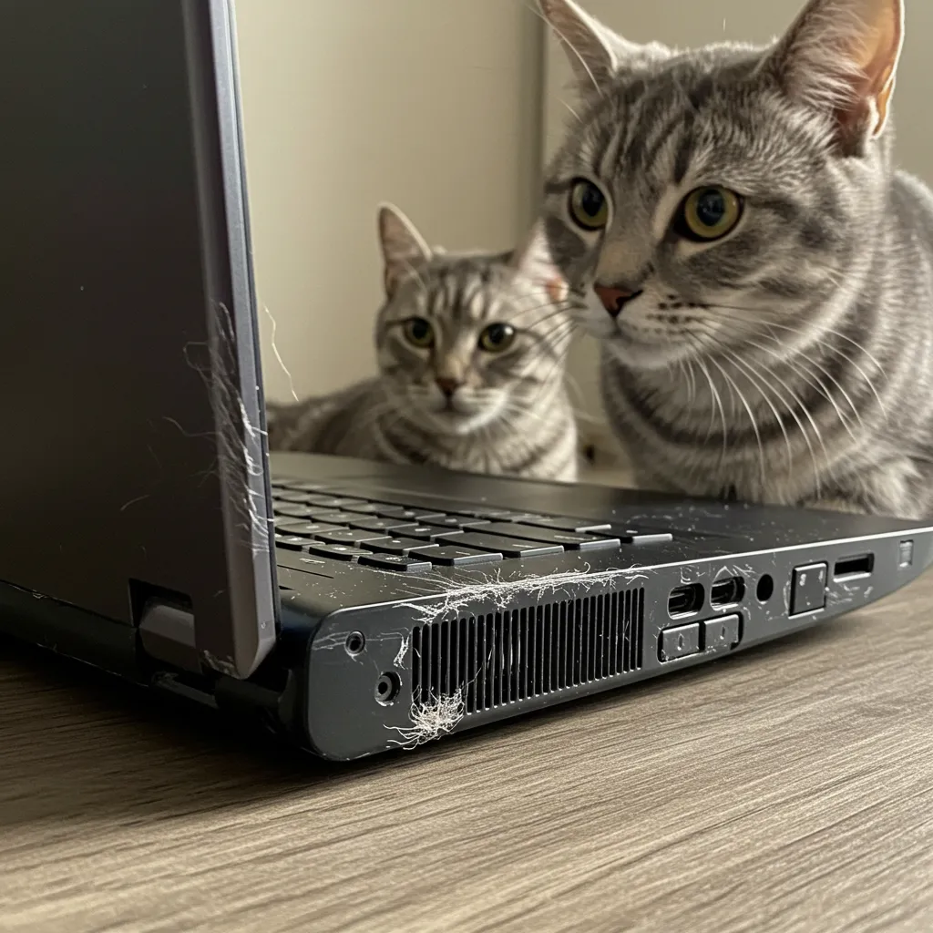 My Cat Sit on My Laptop 4 Laptop with cat scratches and fur near vents, highlighting risks.