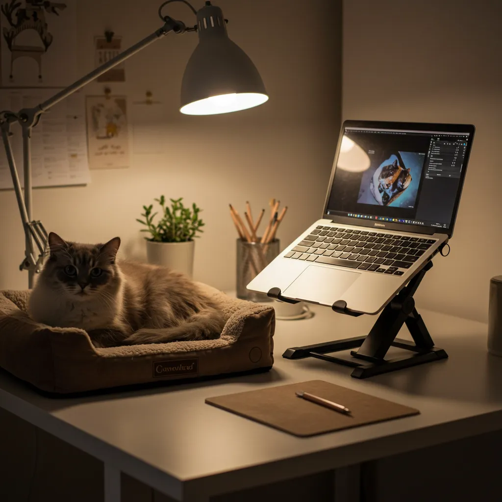 My Cat Sit on My Laptop 5 Cat on a heated bed beside a protected laptop, showing a solution.
