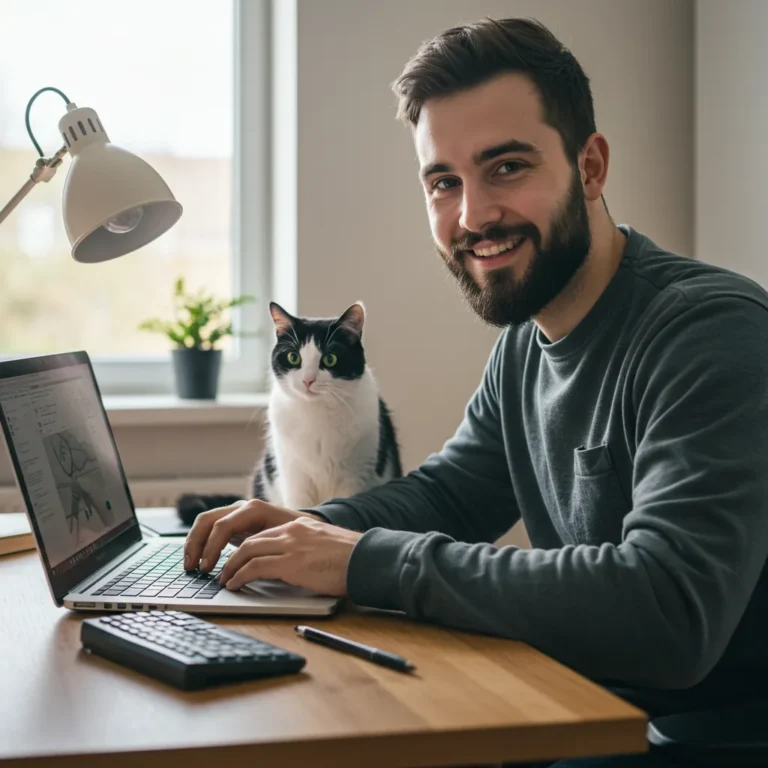 Cat on a decoy keyboard next to a happy owner, showing harmony.