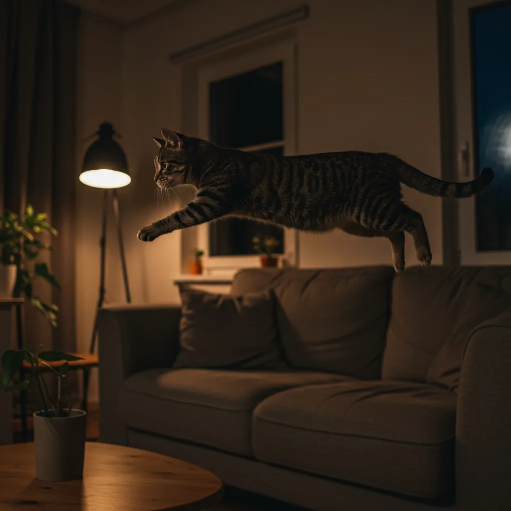 Tabby cat leaping during zoomies in a cozy living room