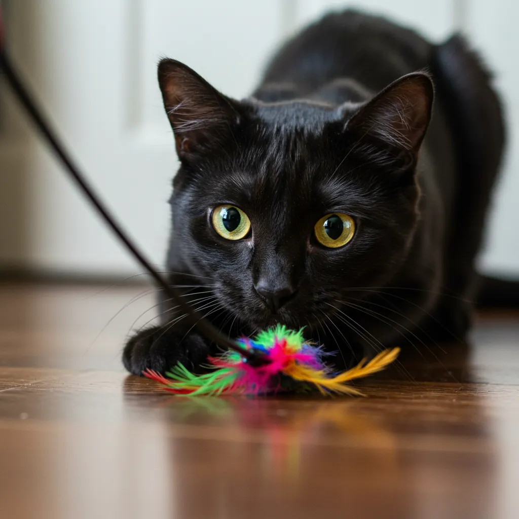Cat preparing to pounce on a toy, showing zoomie trigger.
