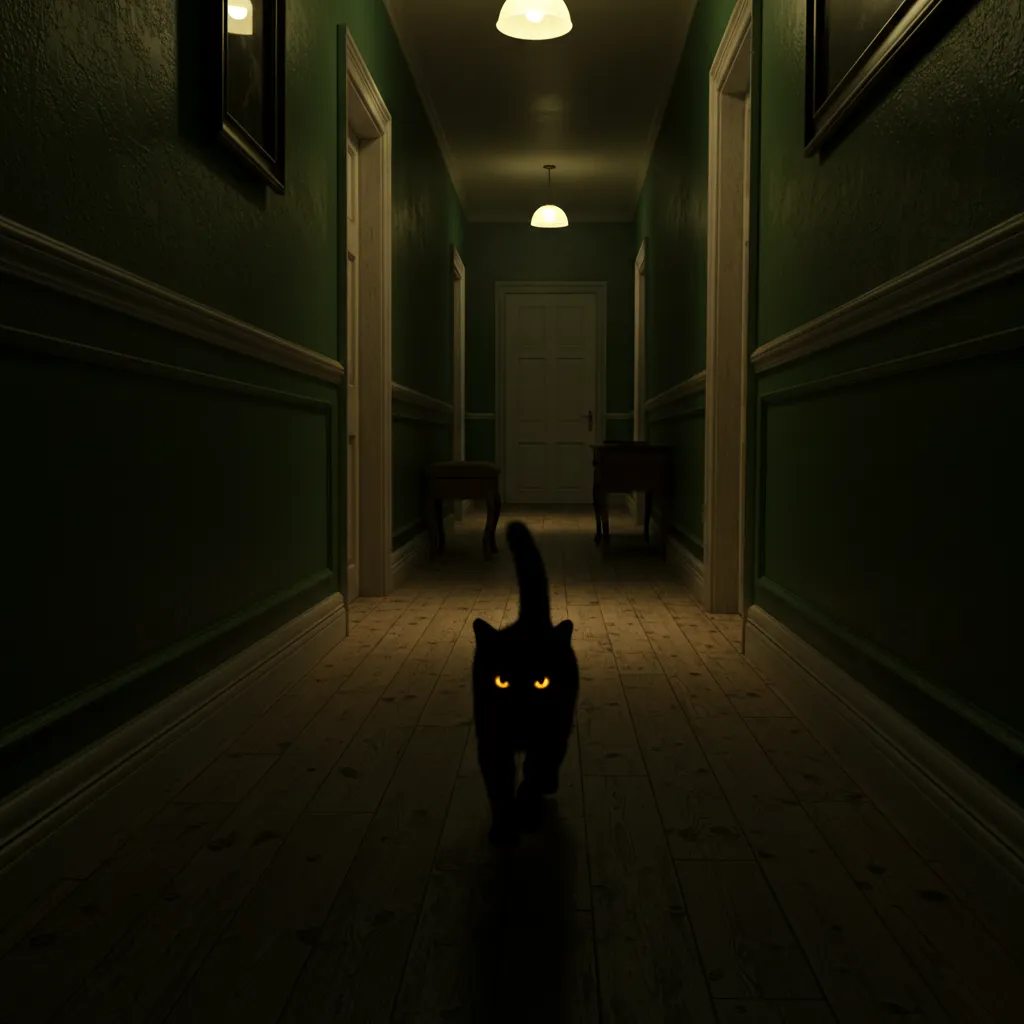 Cat zooming through a hallway at night with glowing eyes.