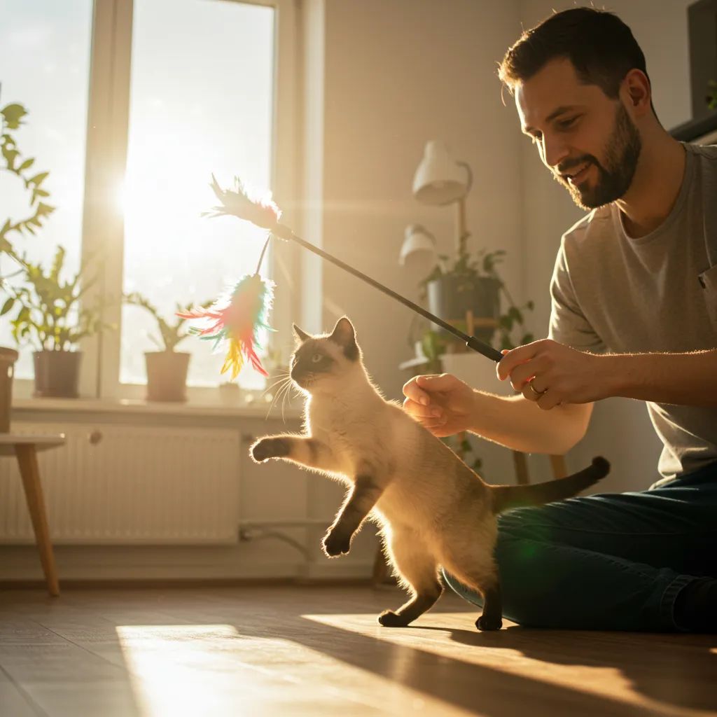  Cat playing with a feather wand during a play session.