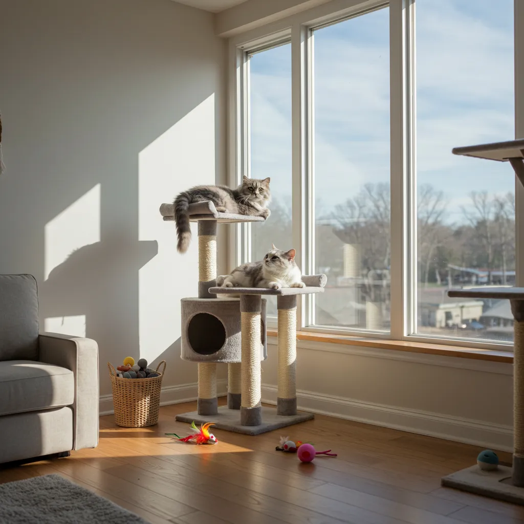 Indoor cat environment with a cat tree and toys for stimulation.