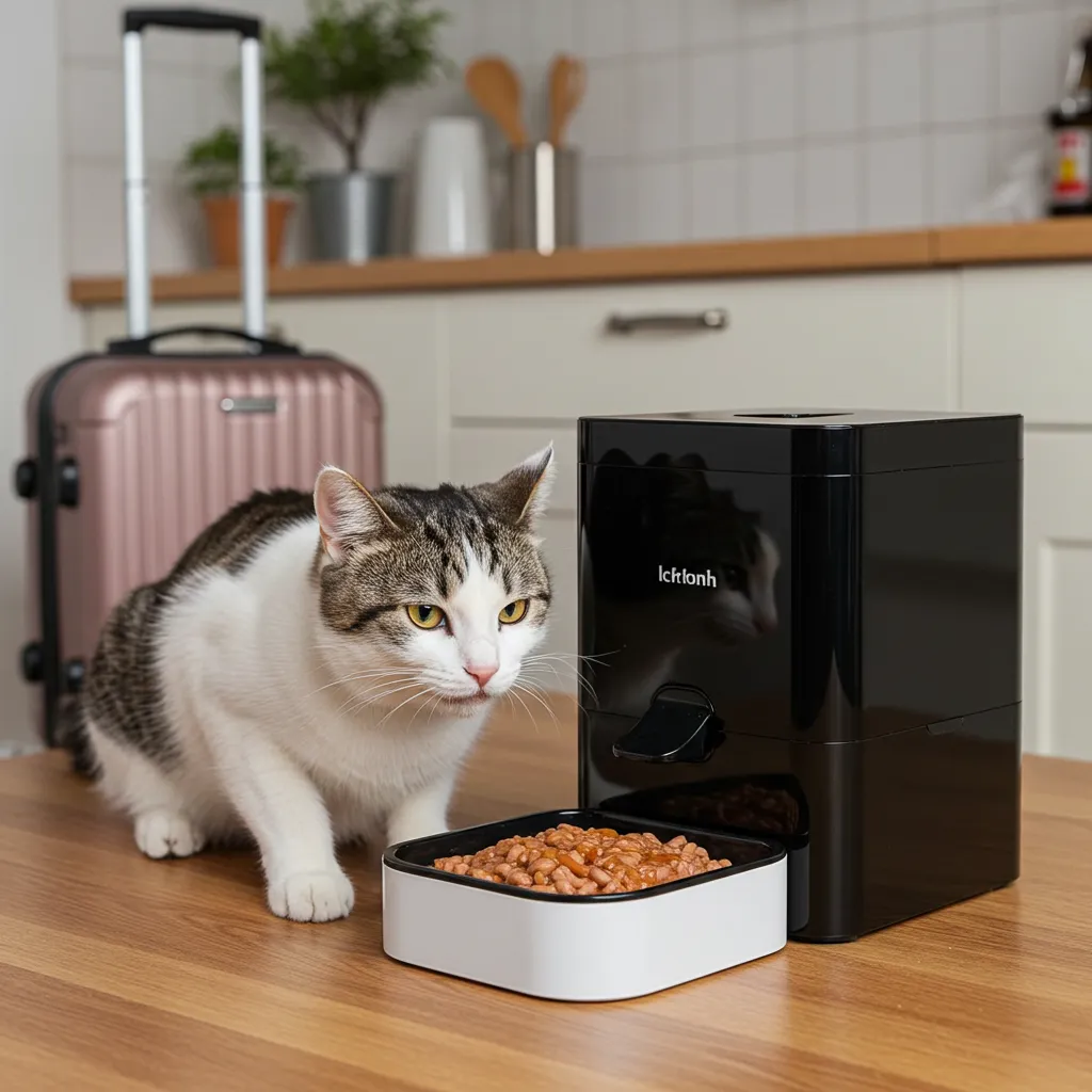Happy cat eating wet food from an automatic feeder with a suitcase in the background, symbolizing stress-free travel.