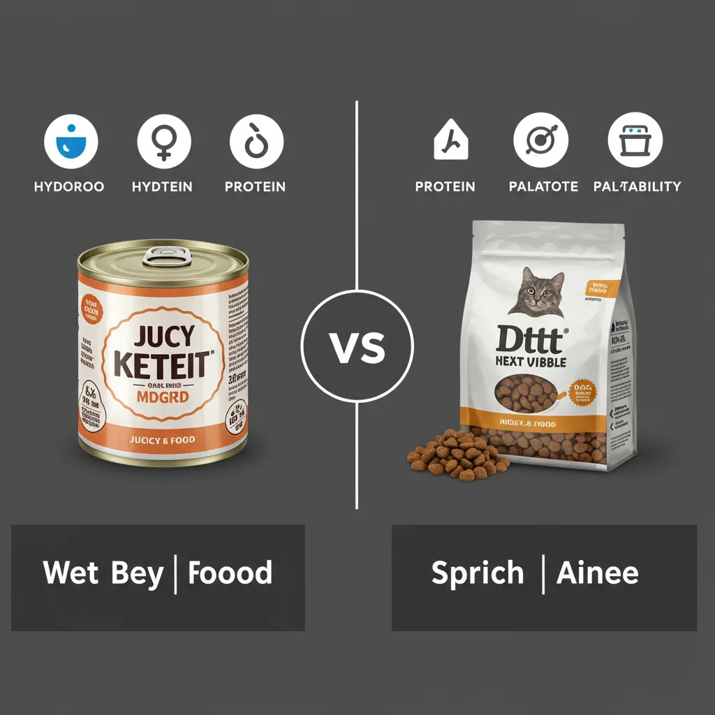 Infographic comparing wet vs dry cat food, highlighting hydration and protein benefits of wet food.