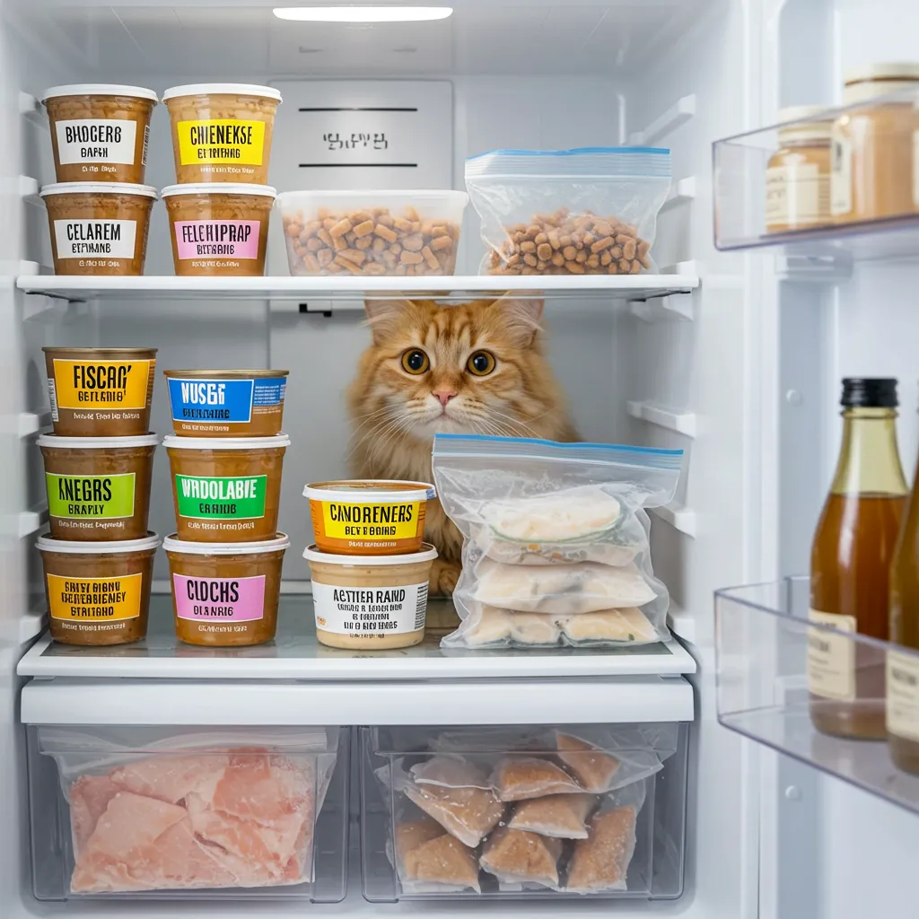 Organized fridge with labeled wet cat food containers and frozen portions, with a curious cat nearby.