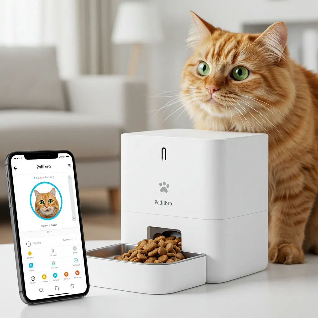 Petlibro Polar automatic wet cat food feeder serving food, with a smartphone displaying the control app.