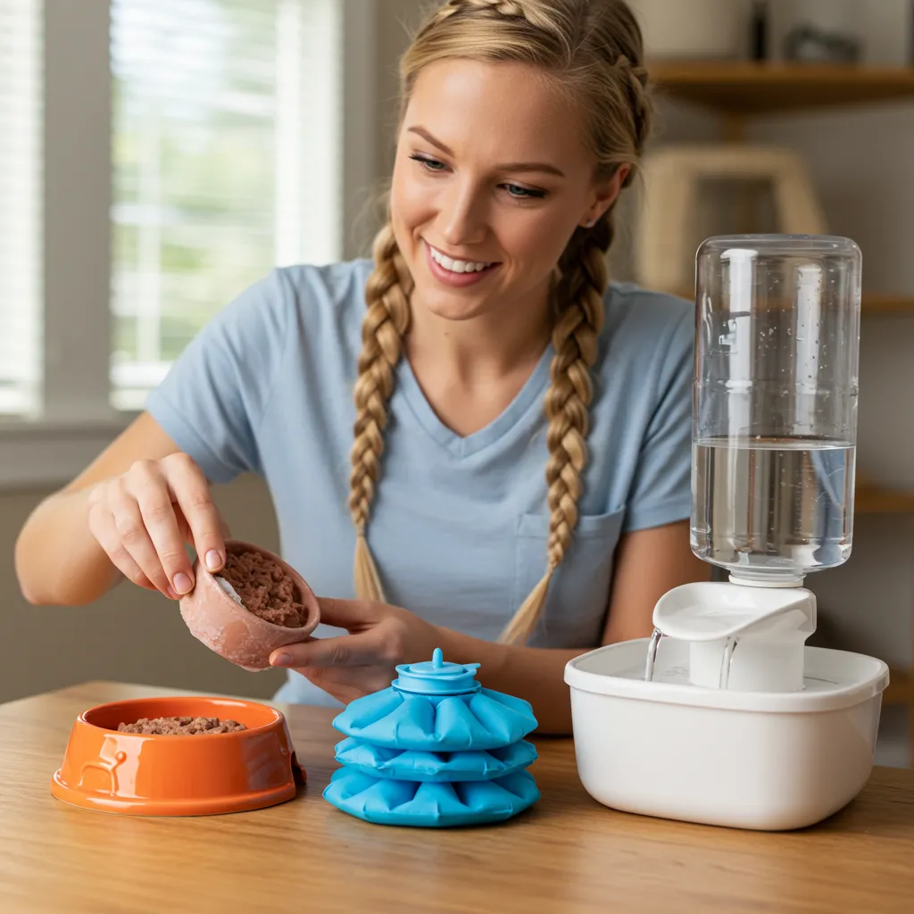 Cat sitter preparing frozen wet cat food with ice packs and a water fountain for hydration.