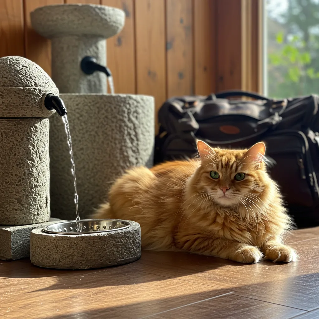 Relaxed cat by a feeder and fountain with a packed travel bag, showing stress-free cat care.