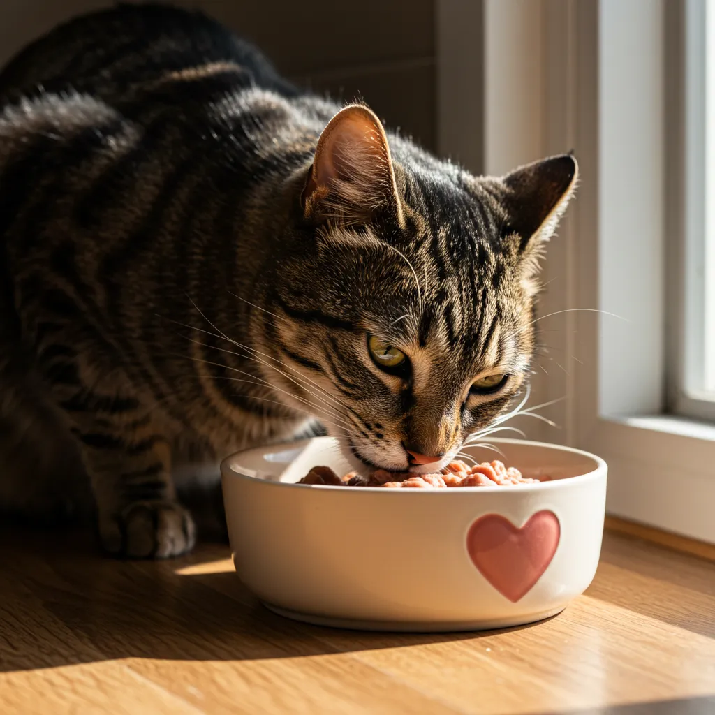 Healthy tabby cat eating wet food from a heart-shaped bowl, showcasing feline stomatitis recovery.