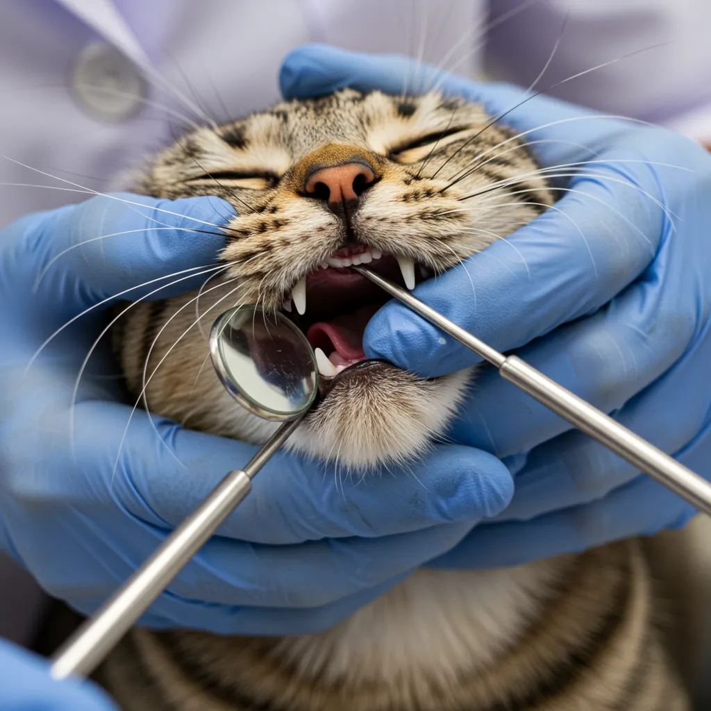 Vet examining a cat’s inflamed gums, highlighting stomatitis in cats symptoms during a dental check-up.