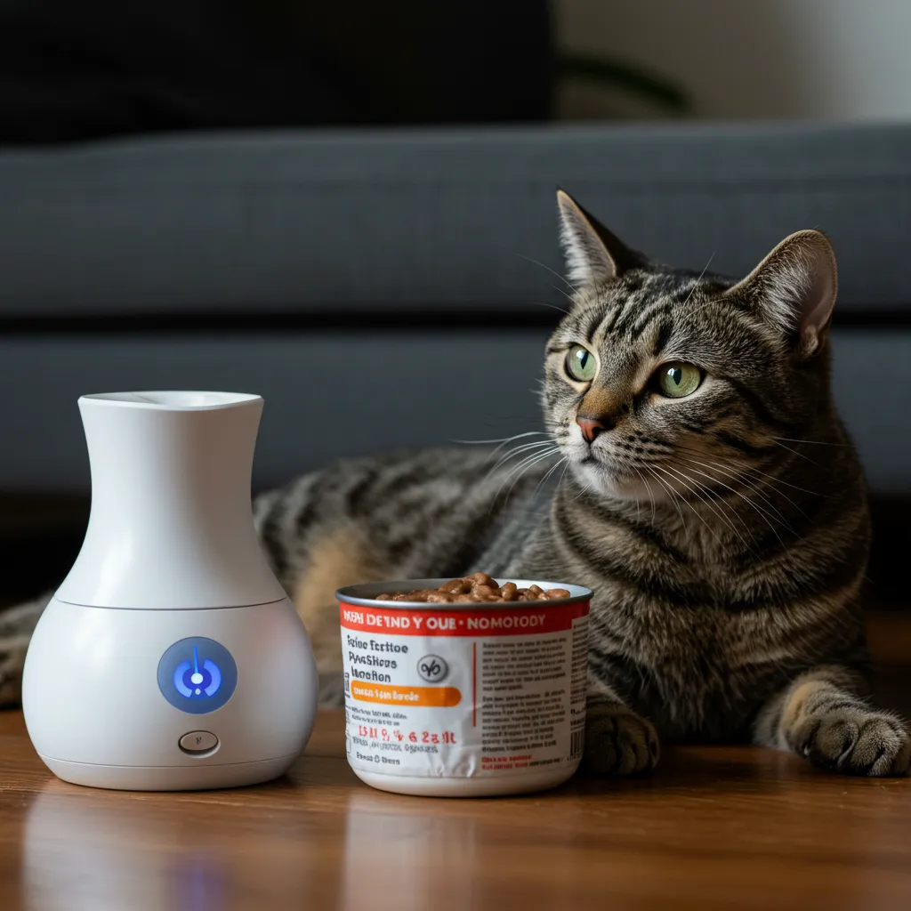 Cat relaxing with a Feliway diffuser and wet food, supporting managing chronic feline stomatitis.