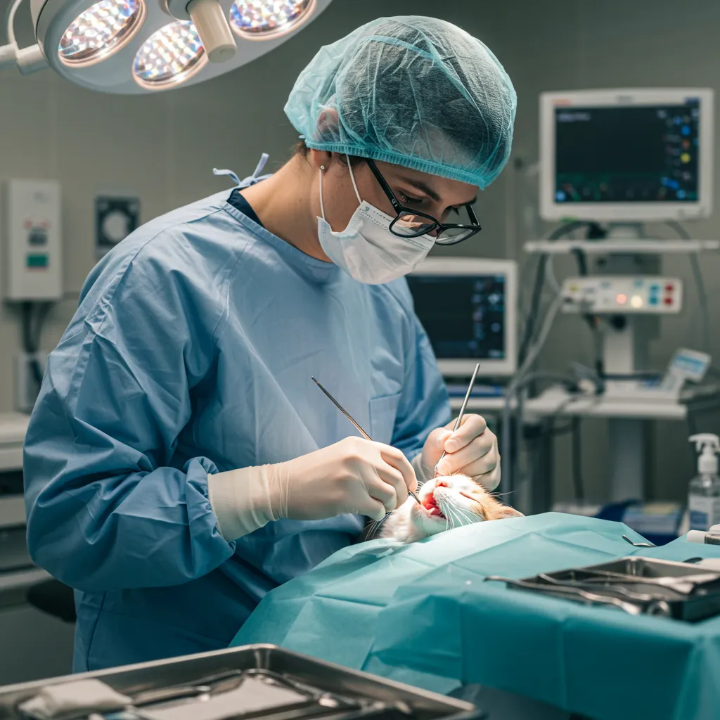 Vet performing feline stomatitis surgery, showcasing advanced cat oral surgery recovery techniques.