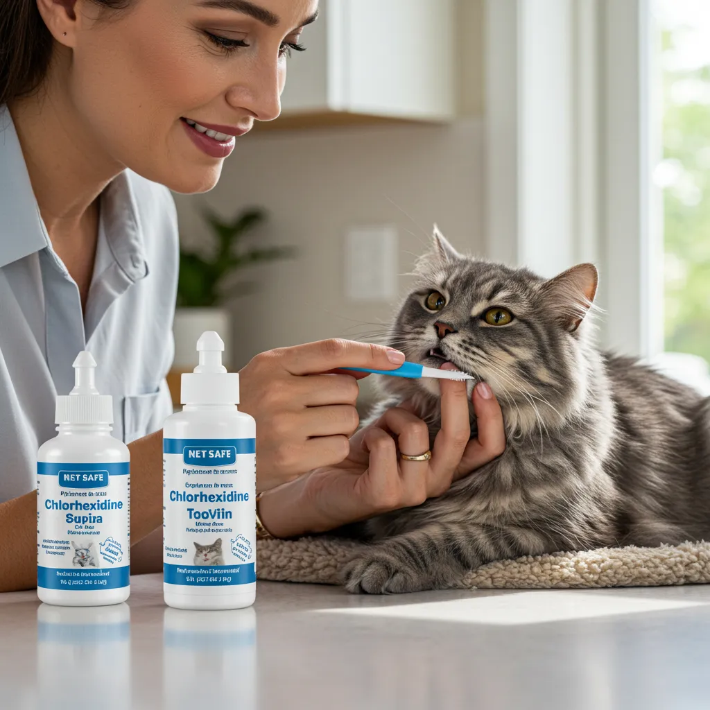 Cat owner applying chlorhexidine gel for home remedies for cat stomatitis, promoting cat oral health care.