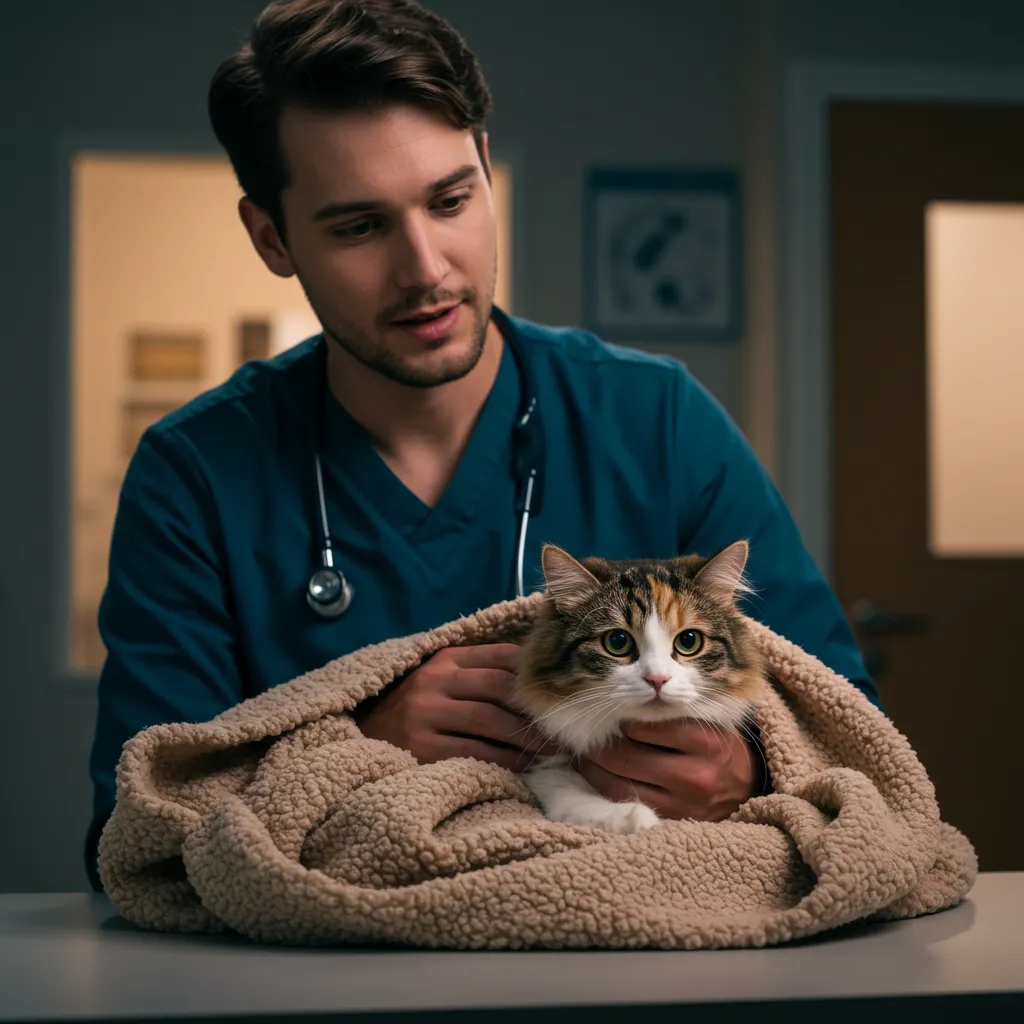 Pet owner comforting a cat vomiting brown liquid near the vet clinic.