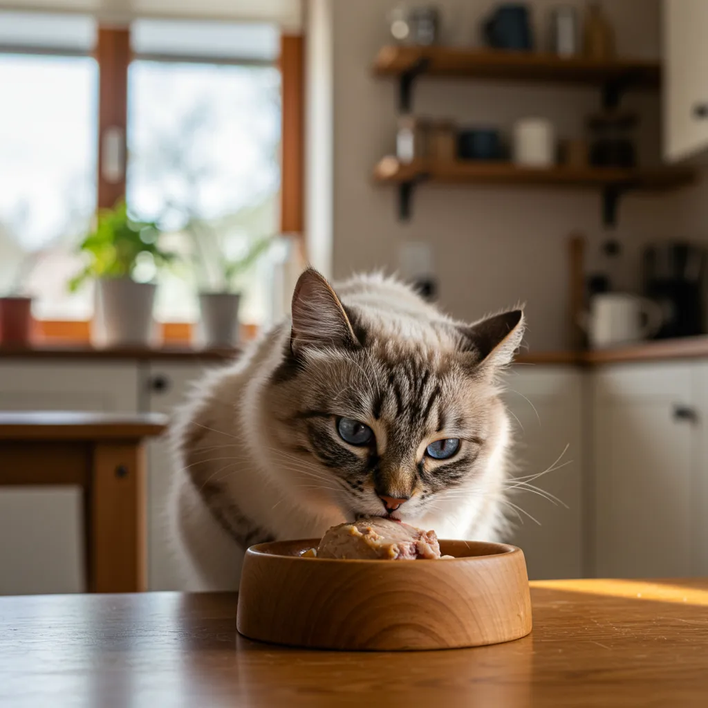 Cat eating a bland diet for vomiting treatment at home.