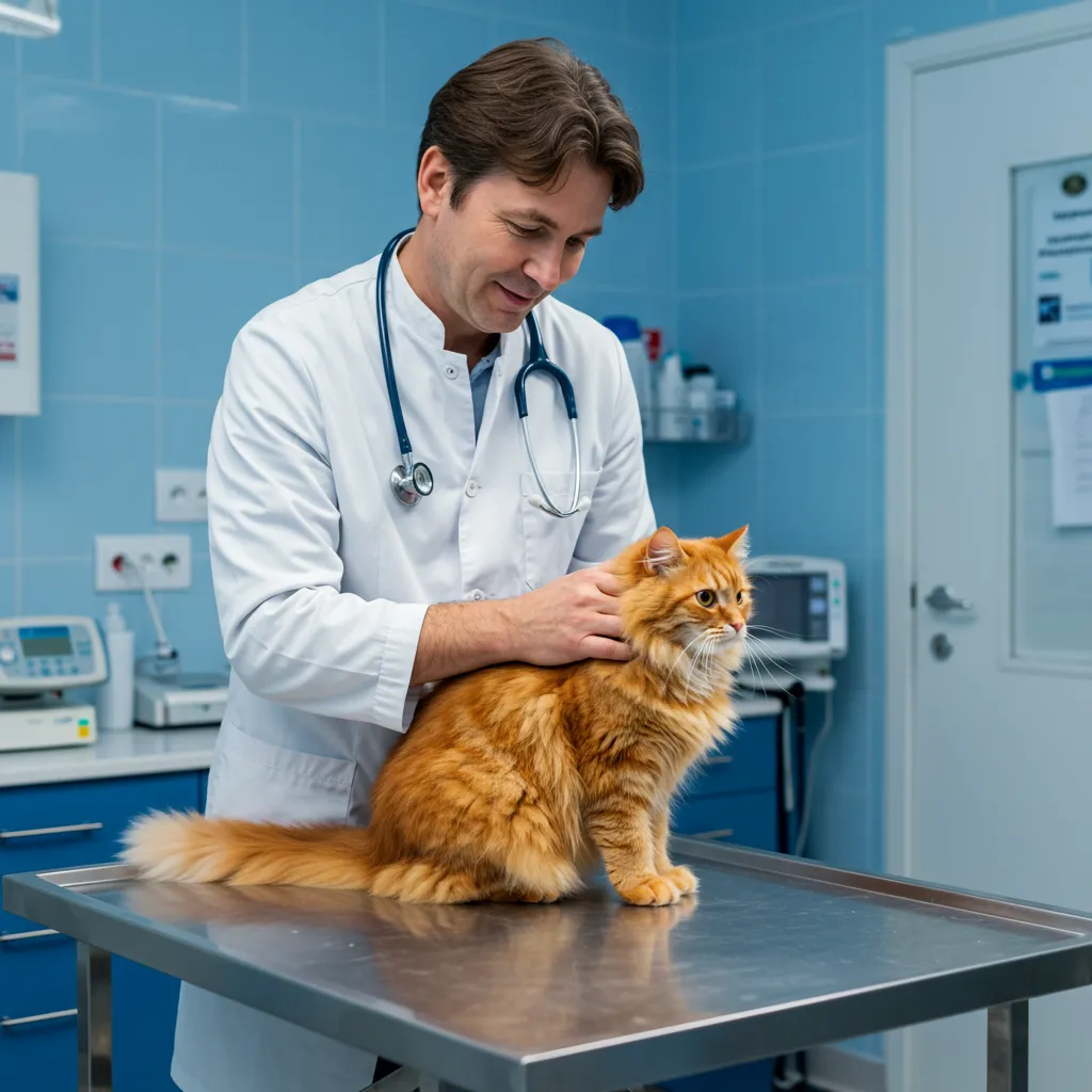 Veterinarian checking a cat for vomiting issues.
