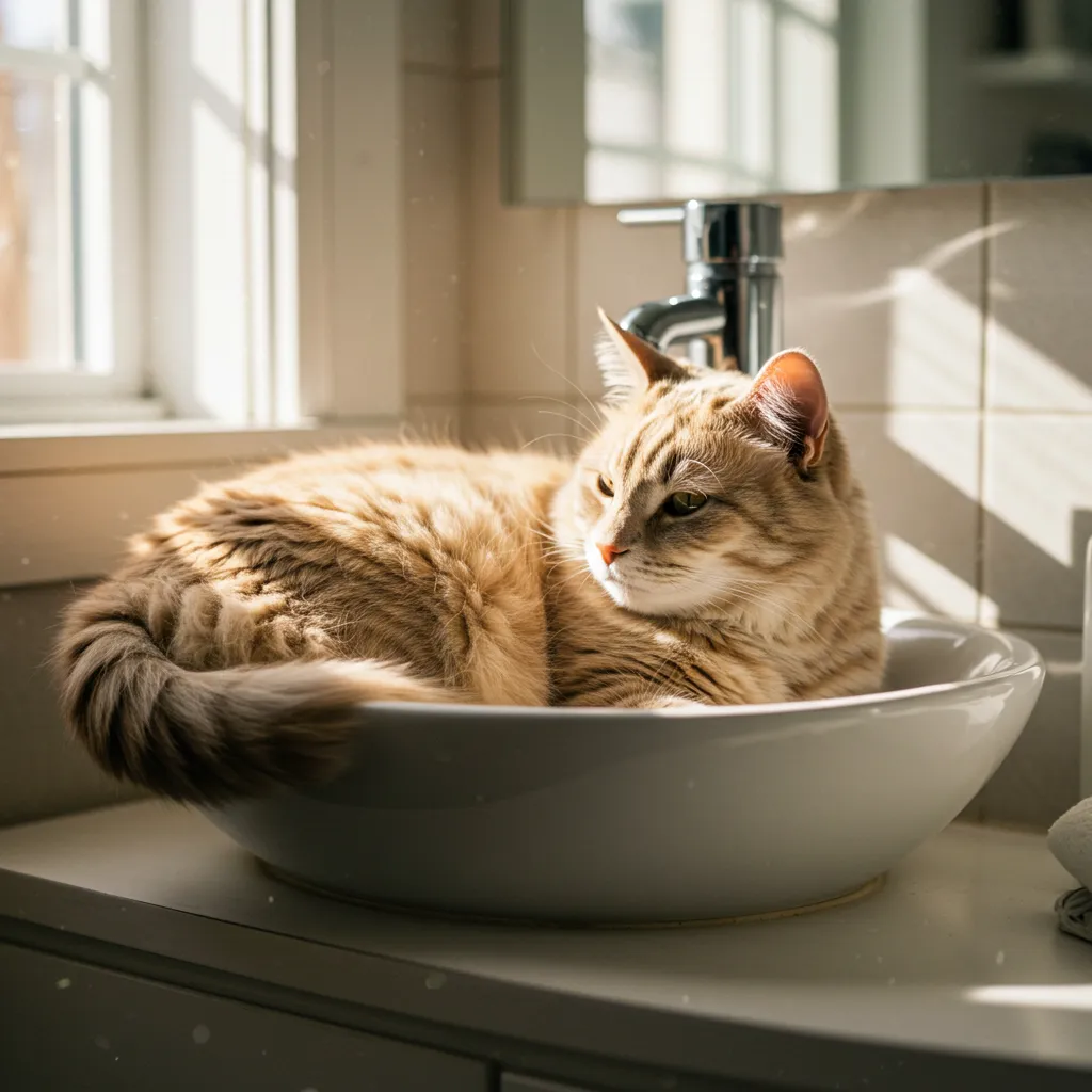 Tabby cat relaxing in a bathroom sink, showcasing feline sink fascination.
