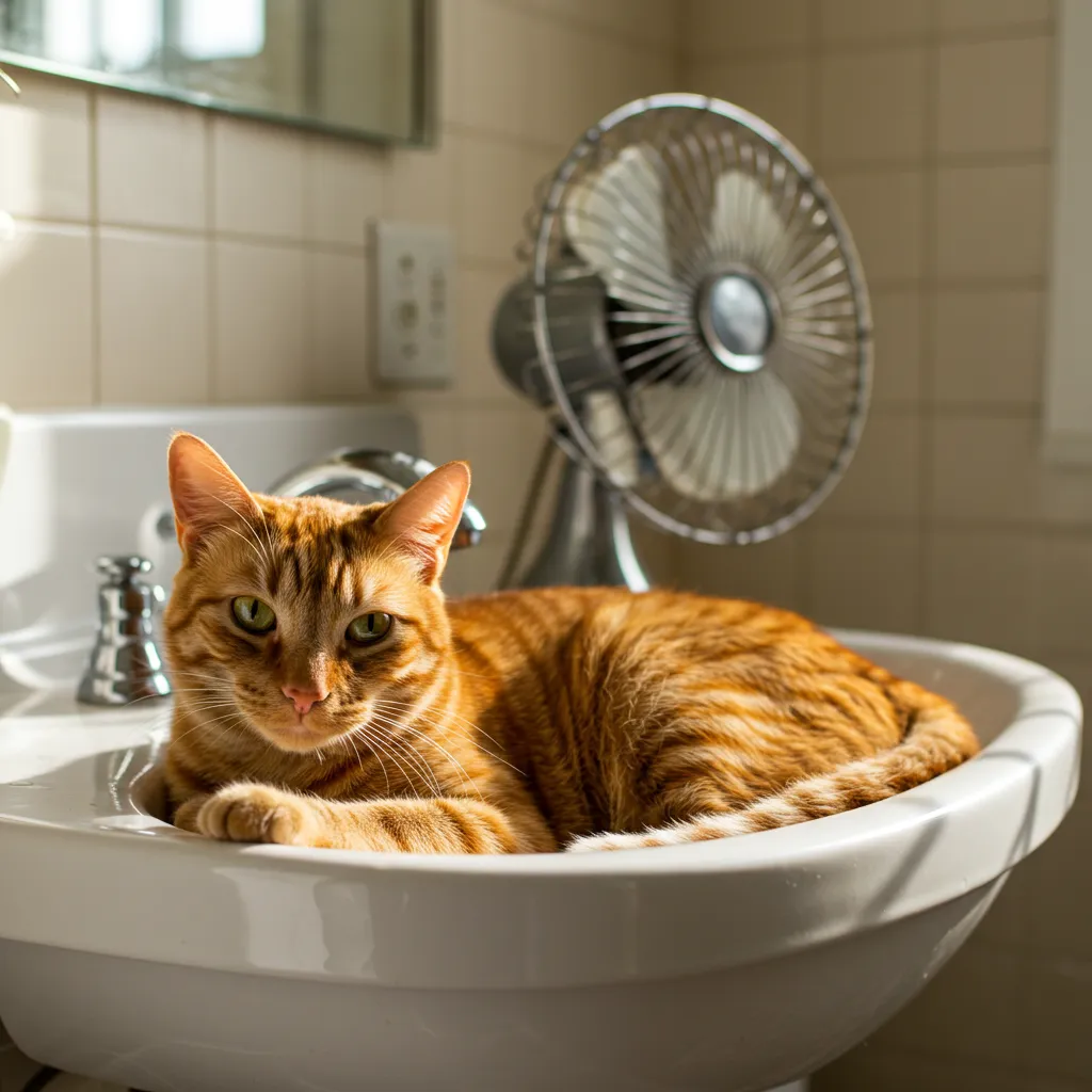  Ginger cat cooling off in a sink, demonstrating cat cooling hacks summer.