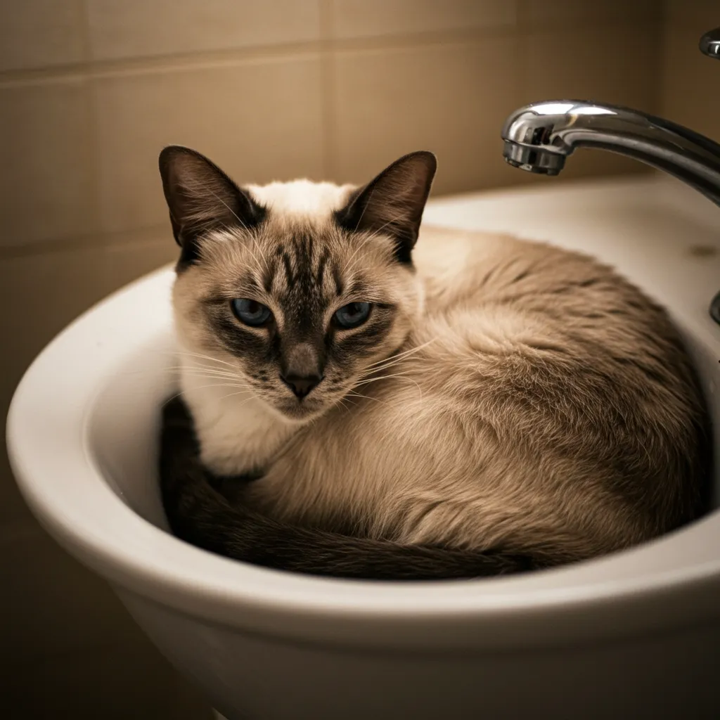 Siamese cat sleeping in a sink, showcasing why cats prefer sinks over beds.