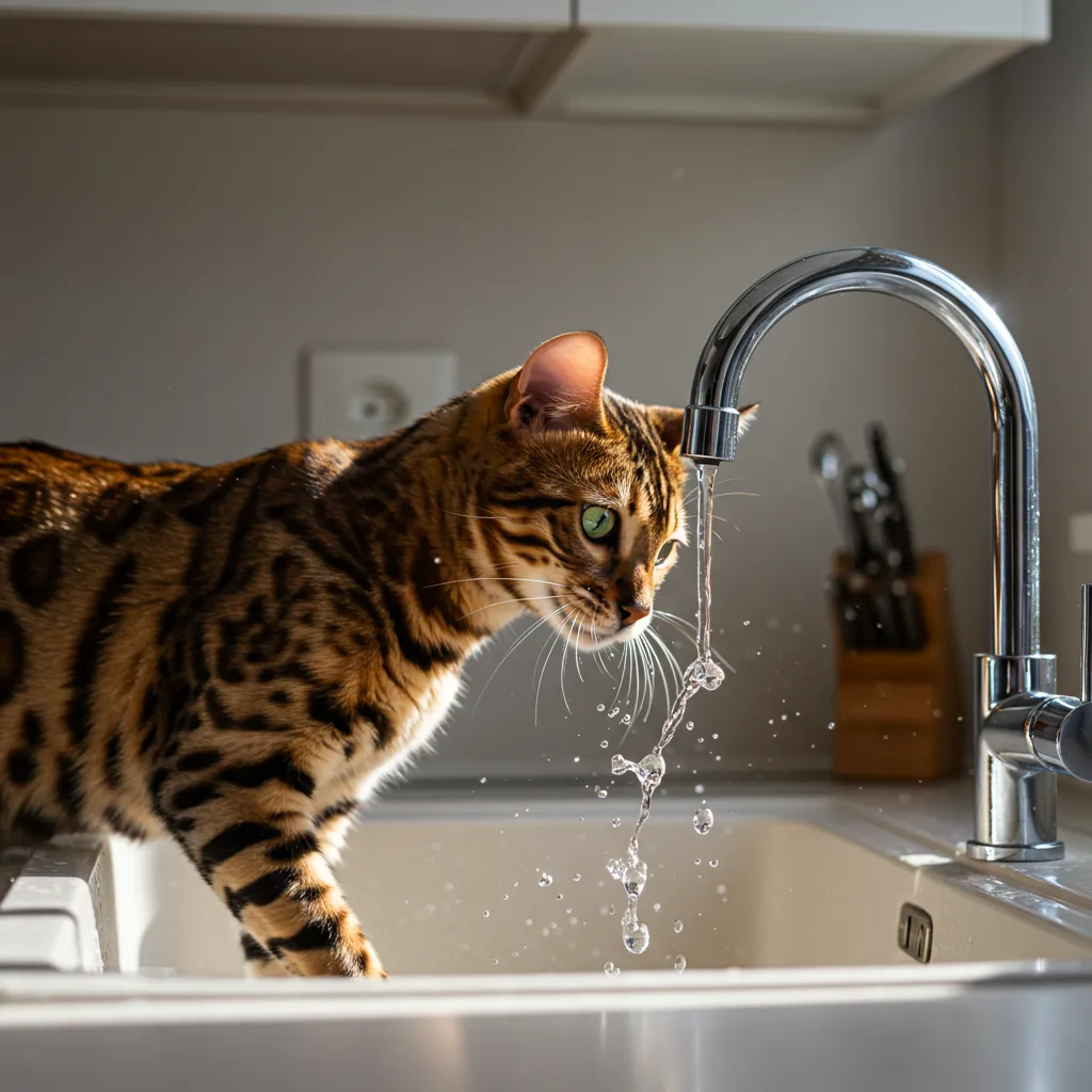 Bengal cat playing with running water in a sink, highlighting cat behavior and sinks.