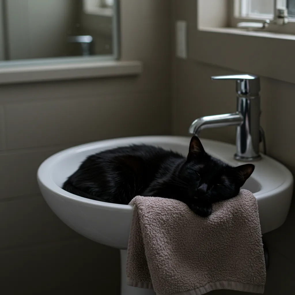 Black cat sleeping in a sink, reflecting cat comfort and relaxation habits.