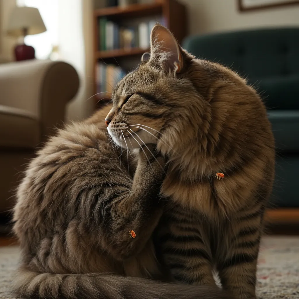 Fluffy tabby cat scratching neck with visible flea in cozy living room.