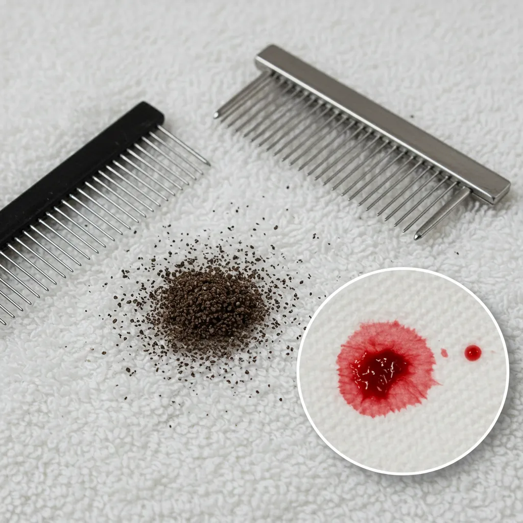  Flea dirt on a white towel with a flea comb and a red streak on a wet paper towel
