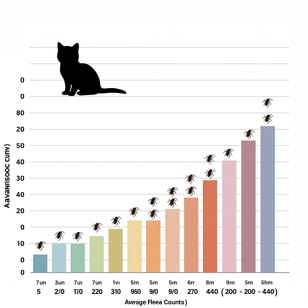Chart showing average (5–20) vs. max (200–440) flea counts on cats with kitten silhouette.