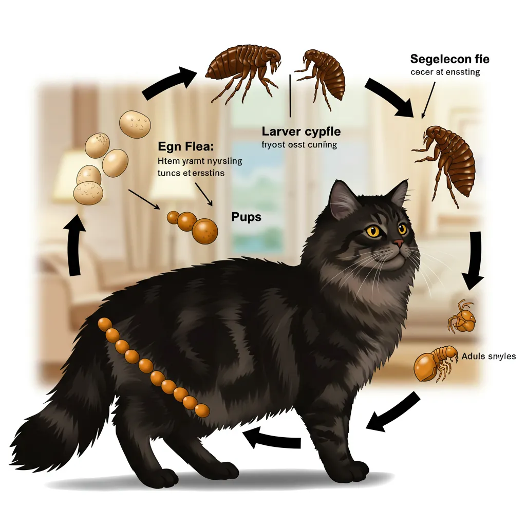Infographic of flea life cycle (egg, larva, pupa, adult) on a cat silhouette with a home background.