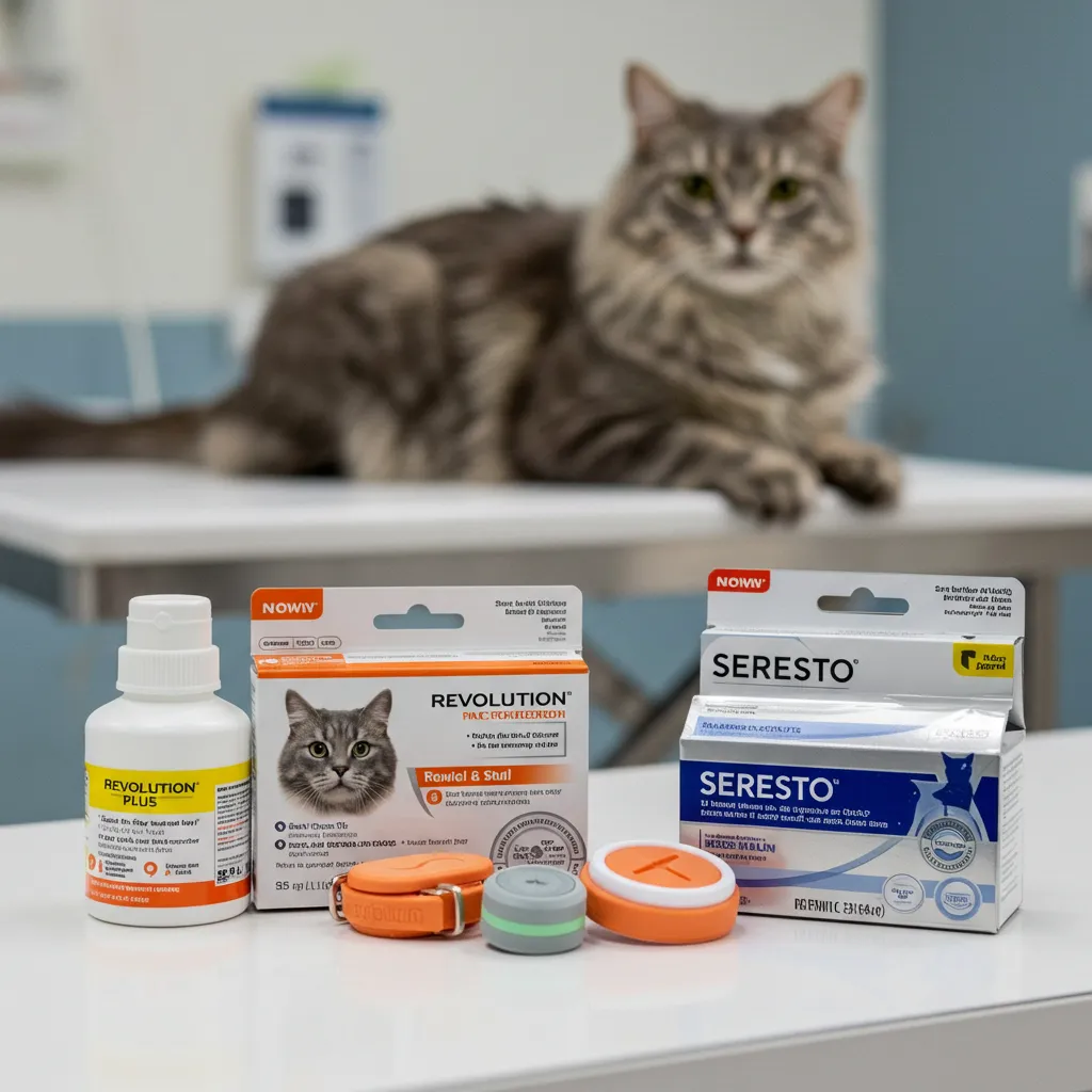 A clean product shot of Revolution Plus and Seresto collar on a vet clinic counter, with a happy cat in the background.