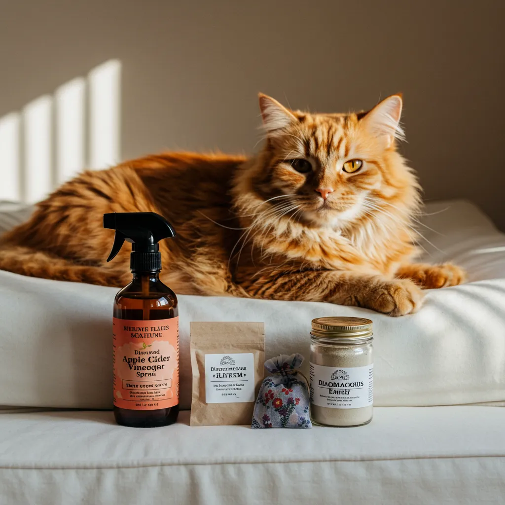 ACV spray, lavender sachet, and diatomaceous earth jar next to a relaxed cat on a pet bed.