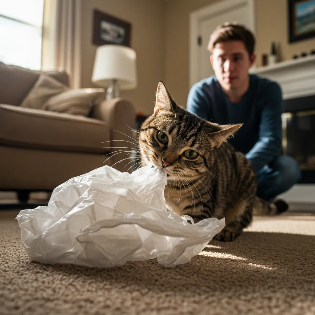 Tabby cat chewing on a plastic bag, illustrating cat pica behavior in a home setting.
