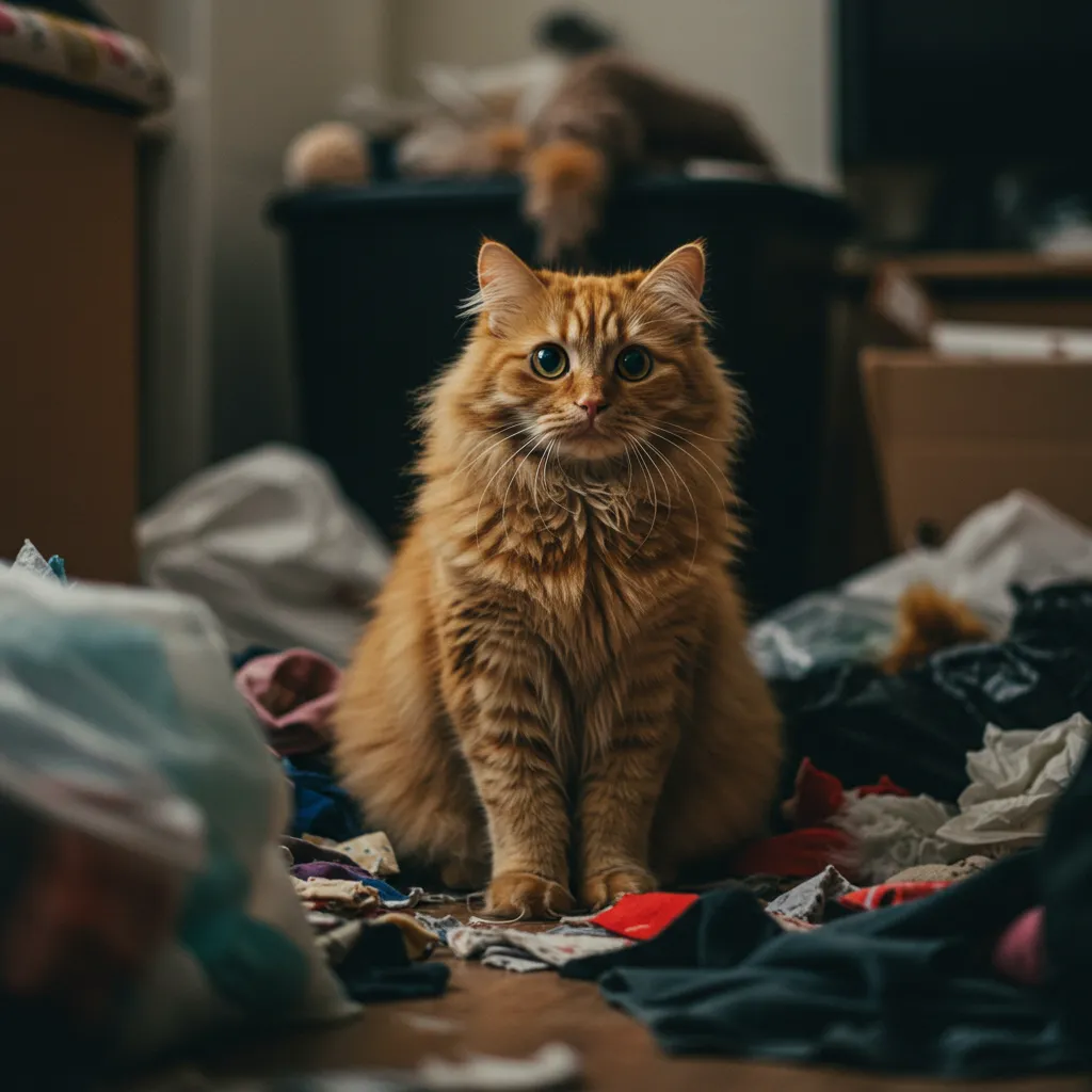 Anxious cat in a cluttered room, highlighting environmental stress as a cause of cat pica.