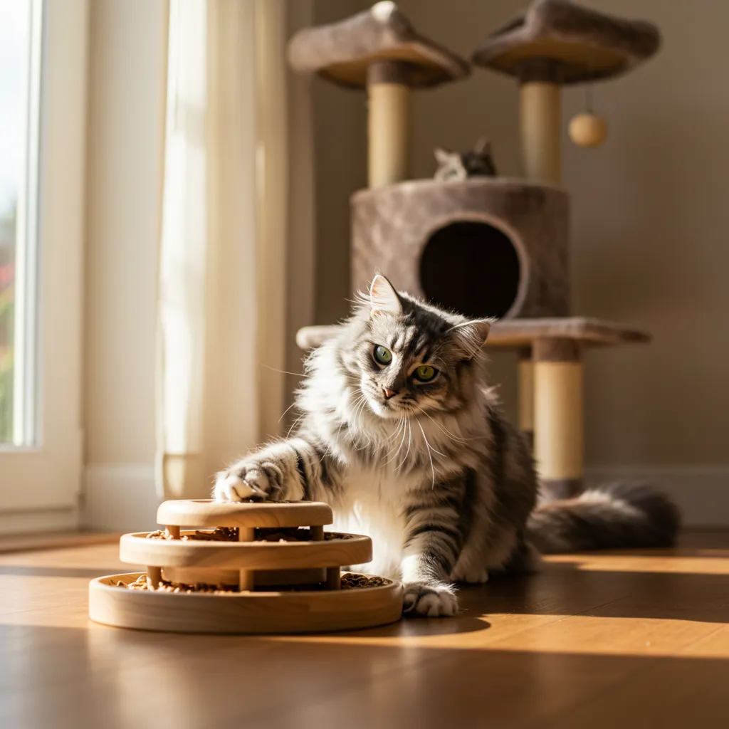  Cat playing with a puzzle feeder, showcasing environmental enrichment for cats.