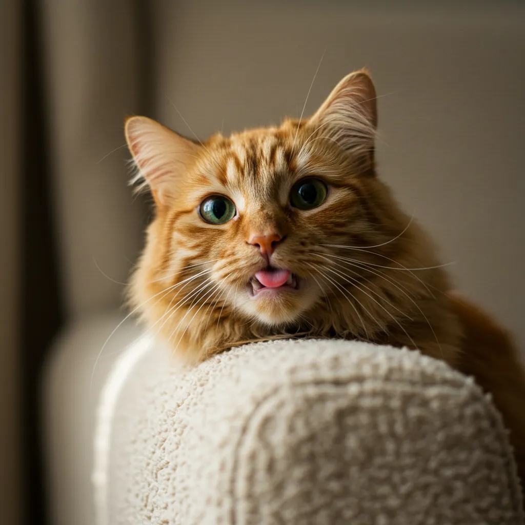 Cat with tongue slightly out, potentially indicating cat pica-related behavior.