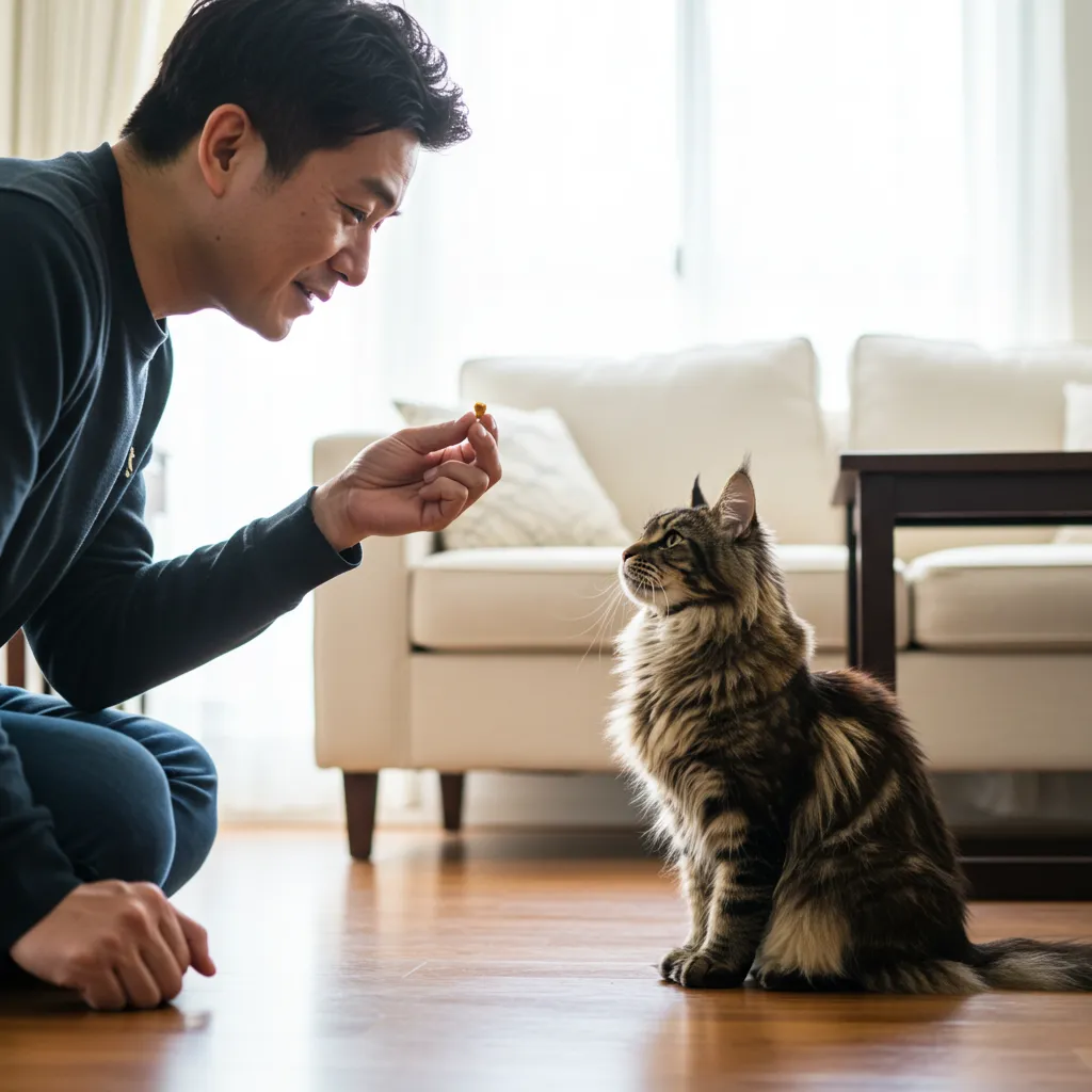 Cat owner using positive reinforcement to teach the cat its name.