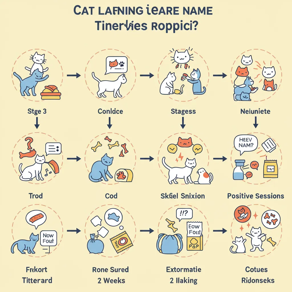 Timeline of a cat learning its name with training and reward icons.