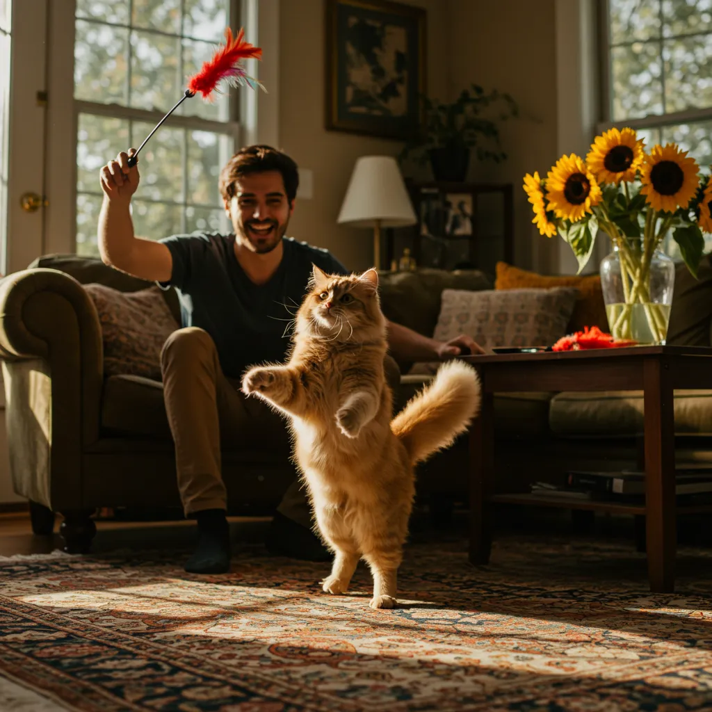 Cat responding to name during playtime with a feather toy.