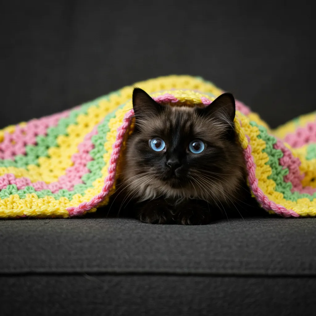 Black cat peeking from under a blanket, showcasing classic cat burrowing behavior