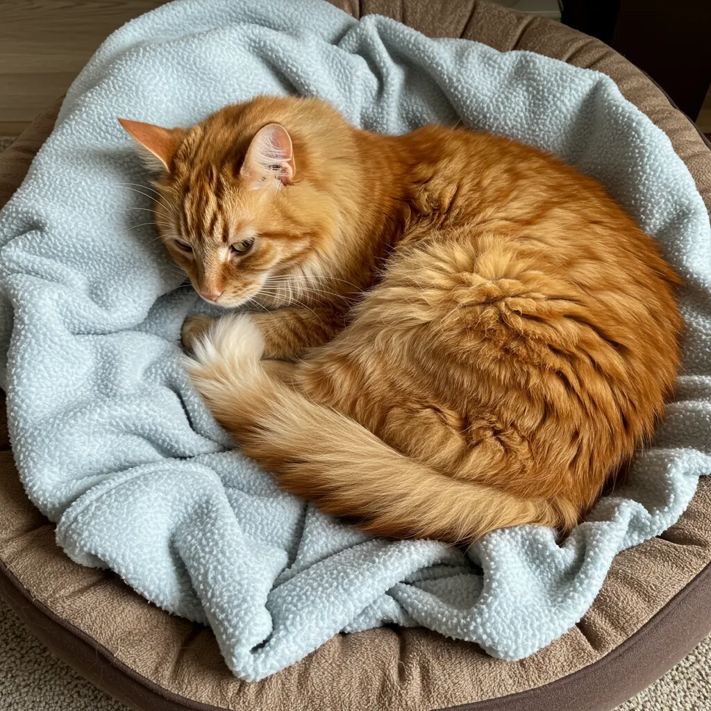 Ginger cat sleeping under a fleece blanket, illustrating cozy cat behavior.