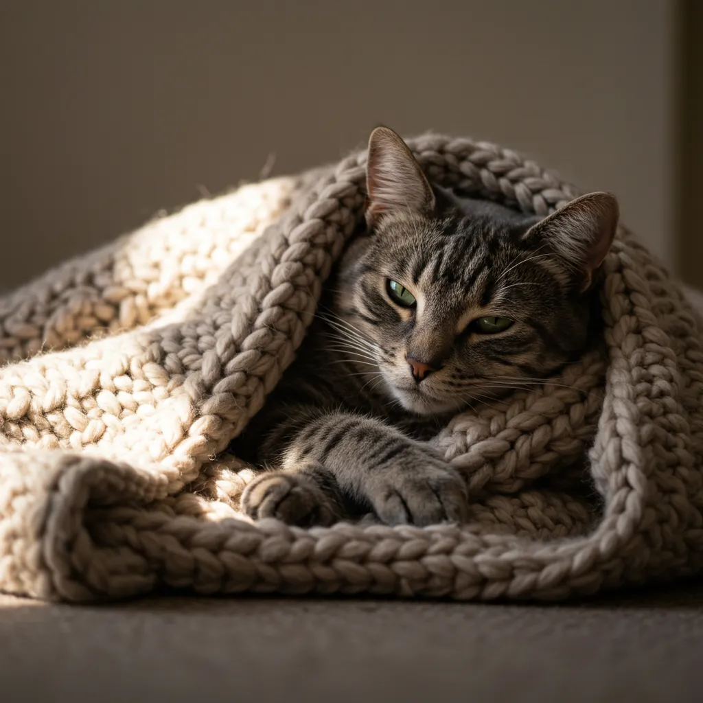 Tabby cat under a blanket, demonstrating cats hiding for comfort.