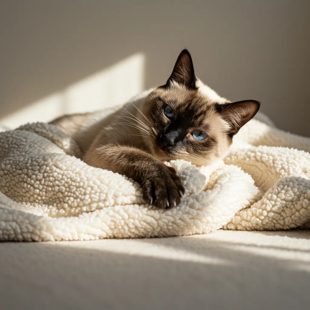  Siamese cat kneading a plush blanket, highlighting texture preferences in cat burrowing behavior.