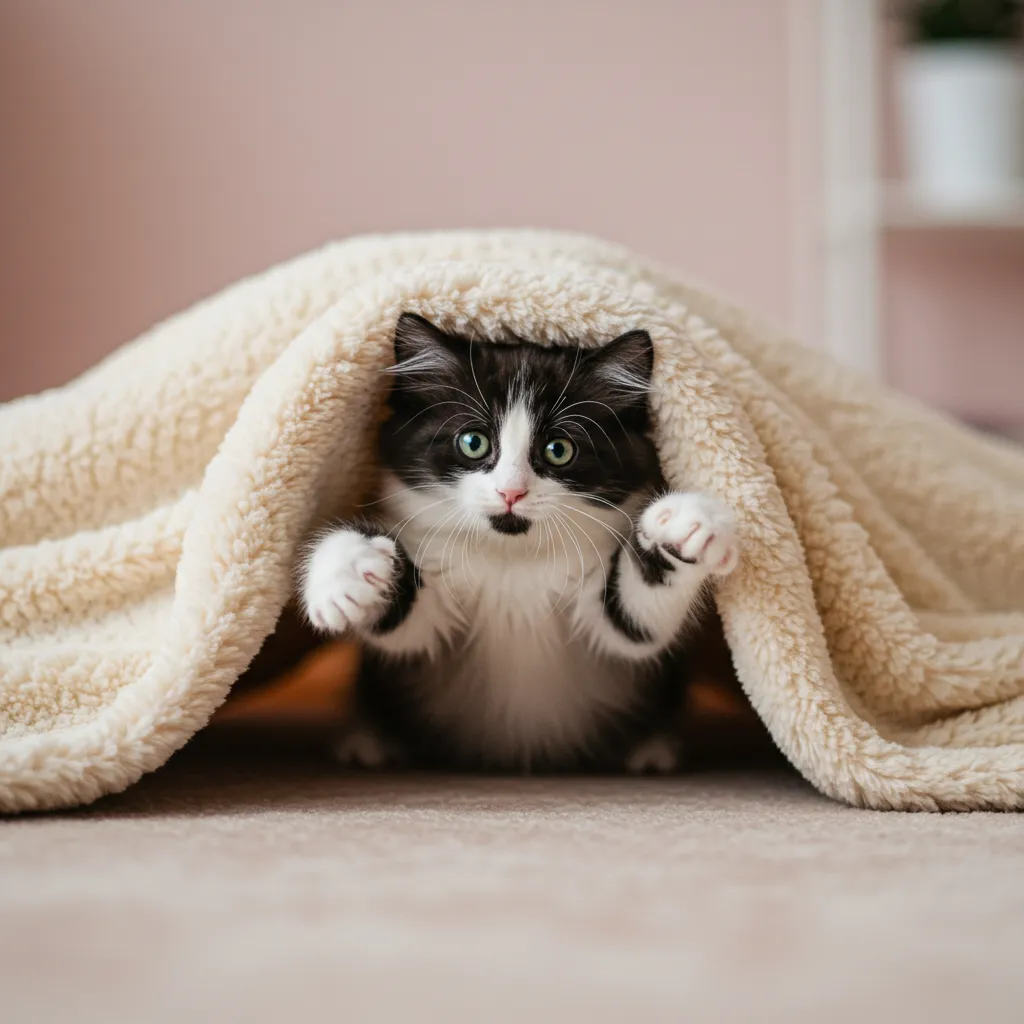 Kitten diving under a blanket, reflecting the why cats love blankets TikTok trend.